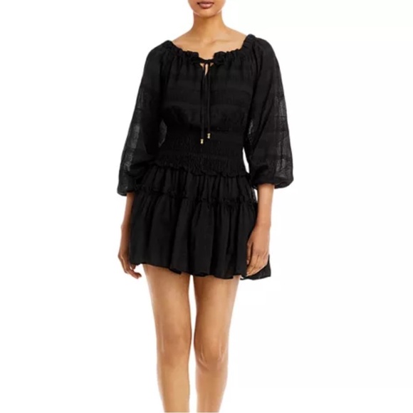 Ramy Brook Dress Erica Black Long Sleeve Smocked Casual Mini Neutral - Picture 1 of 15